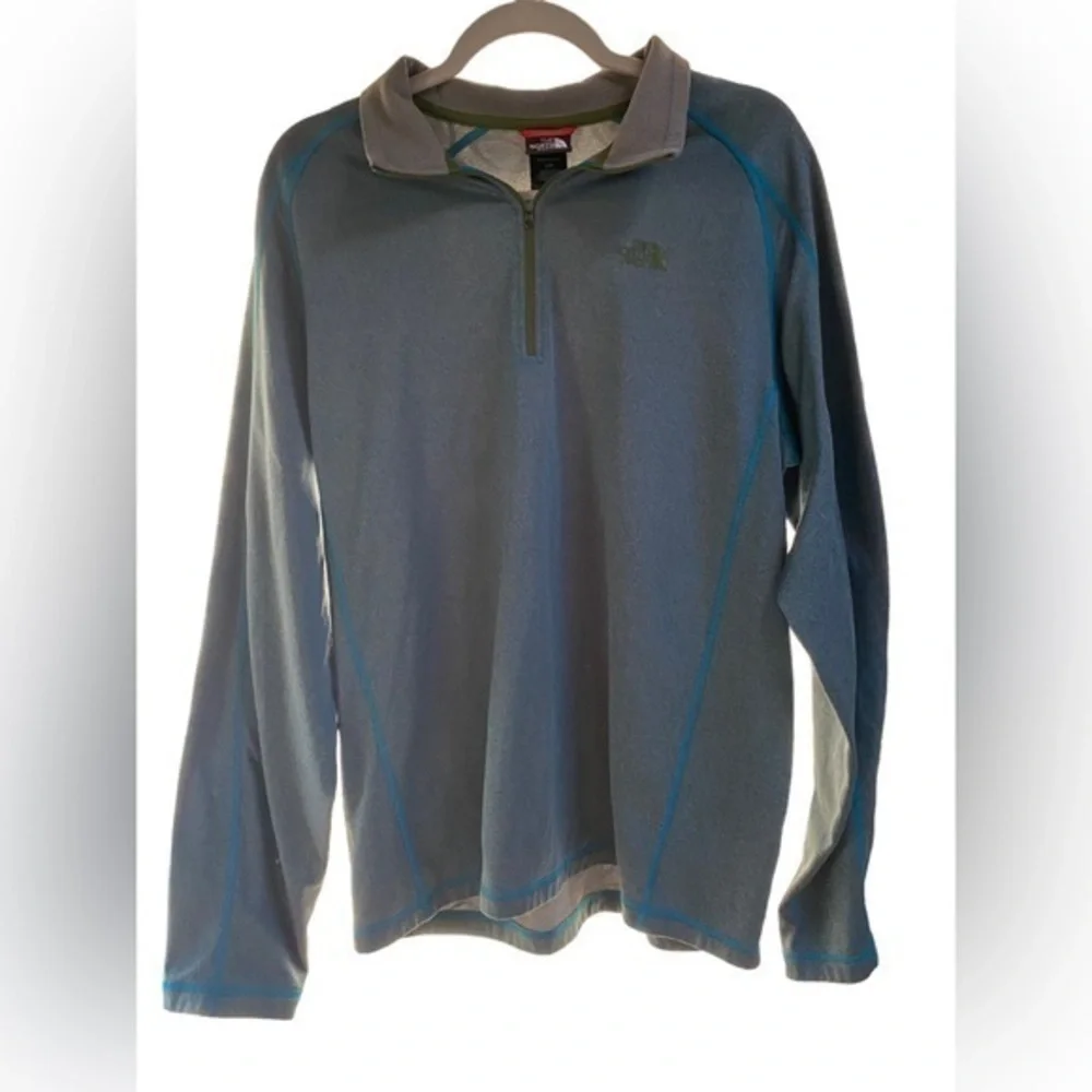 North face men blue grey pullover long sleeve 1/4 zip stretchy sweater jacket L